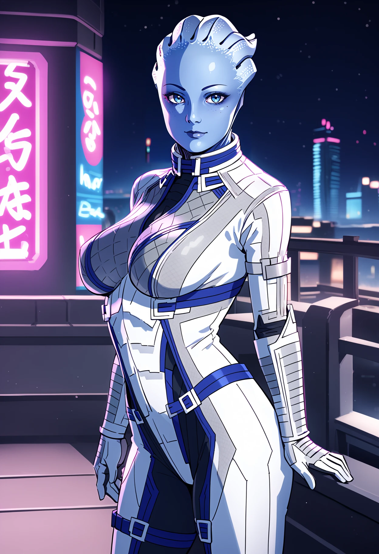 score_9, score_8_up, score_7_up, BREAK, 
1girl, liara, blue skin, colored skin, large breasts,
bodysuit, armor,
looking at viewer, futuristic city background, night, neon light <lora:LiaraXL:1>