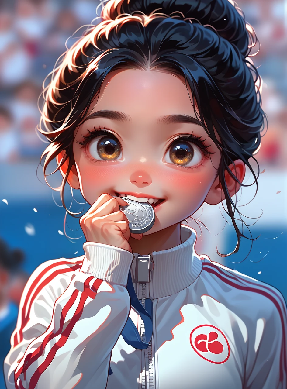 score_9, score_8_up, score_7_up, a cute chibi girl biting a silver medal, <lora:olimedbitepxl:0.8>, olimedbitepxl, 1girl, closeup, focus on face, best quality, masterpiece, white tracksuit, adorable, anime, black hair, hair bun, cartoon, 2d, olympics, china