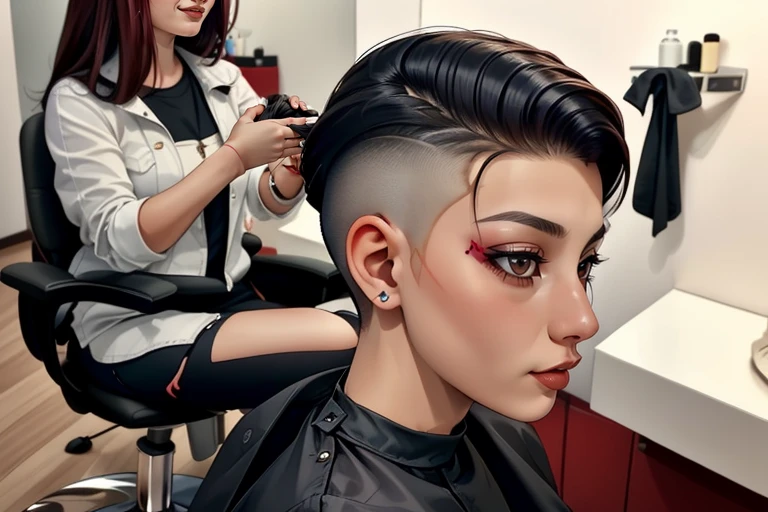 (masterpiece, high quality, best quality:1.2), ultradetailed, 8k, 1girl, ((female 22 years old Sofia Rossi getting an undercut <lora:sideshaveundercut:0.8> )),  (Asian Fusion hair salon)