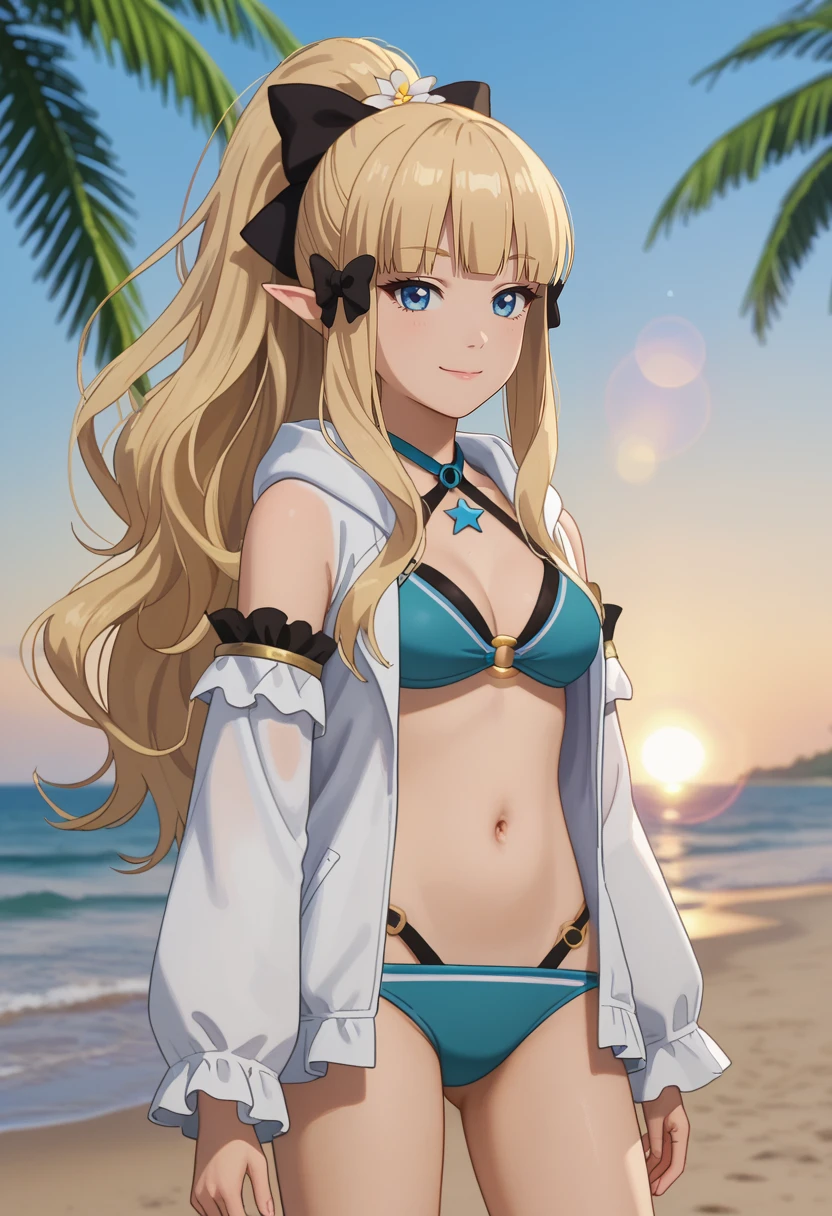 ((((solo)))), 1girl, ((perfect anatomy)), (((masterpiece))), best quality, looking at viewer, (((perfect anatomy))), (((leafa))), green bikini, blonde hair, long hair, green eyes, pointy ears, open mouth, green striped bikini, sky, twin braids, navel, smile, cloud, hair between eyes, side-tie bikini bottom, ponytail, front-tie top, very long hair, ocean, smile, small breasts, lens flare, side braid, blush, cleavage, front-tie bikini top, bangs, ((green bikini)), mountain background, ((((waves)))), ((low angle)), sweat, ocean bay, beach, standing on beach,