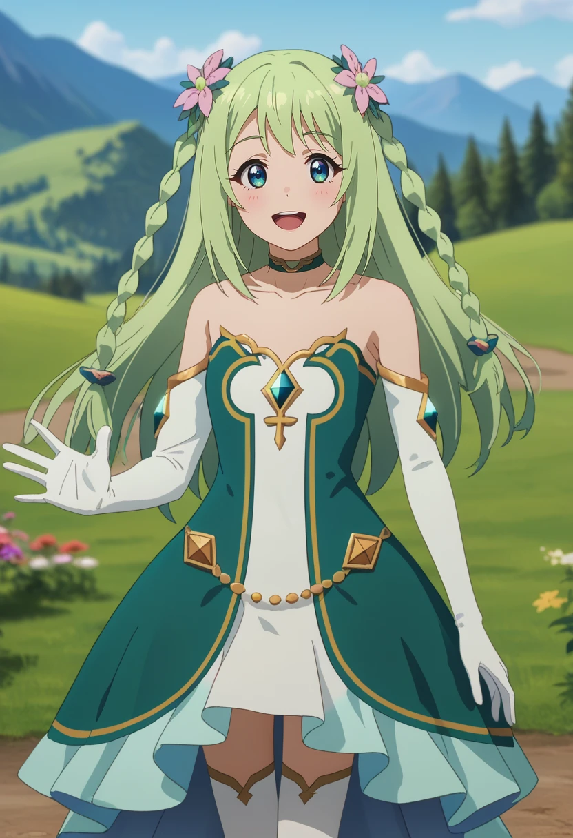 score_7_up, anime screencap,
<lora:PrincessConnect_ChikaXL:0.9>,
1girl, solo, open mouth, smile,
long hair, light green hair, twin braids, blue eyes, hair flower,
Chika, green choker, multicolored dress, bare shoulders, white dress, green dress, gold trim, green gemstone, white gloves, white thighhighs,
standing, looking at viewer,
blurry background, mountains, scenery