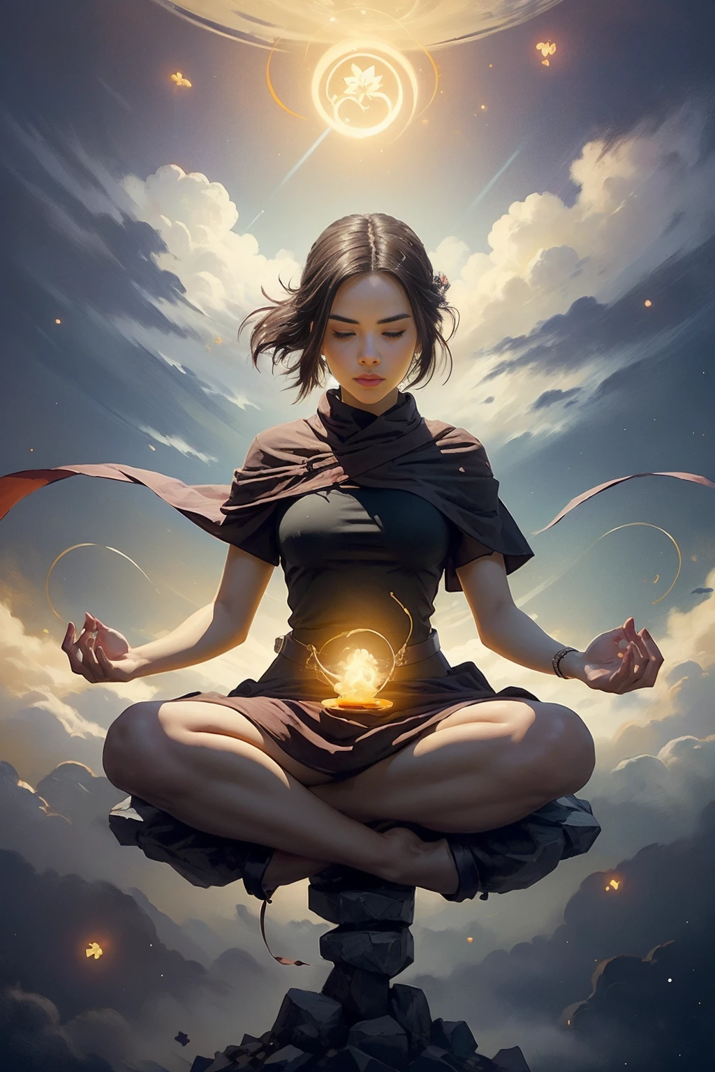 best quality, masterpiece, (samboss, dark brown hair, brown eyes):1,   full body, glowing eyes, looking up, detailed background, detailed face, (<lora:ZonaiAIv8:0.6>, ZonaiAI theme:1.1), buddhist monk, white elaborate  monk clothes, glowing amulet, prayer beads, symmetrical, (legs crossed, lotus position:1.1), (levitating, meditating:1.3), serene smile, spiritual, yin-yang symbol,  (hovering in the air, up in the air, mid-air:1.2),  concentrated chi at heart center, bioluminescence, floating particles, clouds in background, reflections,  ethereal atmosphere, , in the style of Pierre Bonnard,  <lora:BearlySD:0.8> oil painting