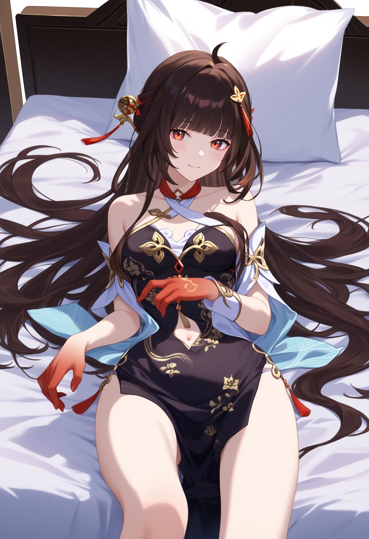 score_9, score_8_up, score_7_up, rating_explicit,
BREAK best quality, masterpiece, realistic, uncensored, spread legs,
1girl, solo, lying, on bed, 
<lora:lingshaFinal:0.8>, shlingsha, long hair, bangs, hair ornament, breasts, bare shoulders, china dress, chinese clothes, panties, jewelry, clothing cutout, red gloves, red eyes, brown hair, black dress, red_feet, 
looking at viewer, blush, smile, indoors, bed,