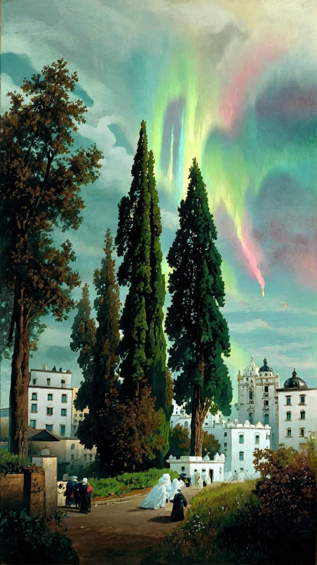 <lora:oswald-achenbach_pony_v1:1> 'Serene landscape' by achenbach oswald in 1900 trees and shrubbery watercolor \(medium\)
cityscape \(genre\) orientalism \(style\), Celestial Aurora Borealis in Polar Skies, score_9, score_6_up, score_7_up