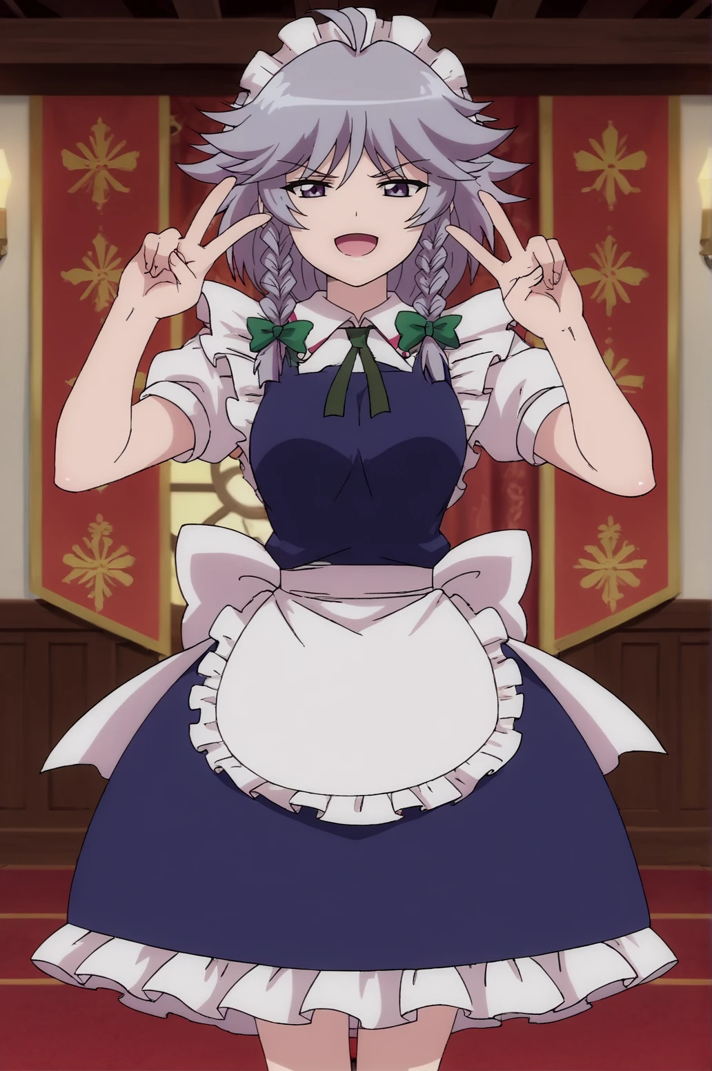 score_9, score_8_up, score_7_up,anime_source, source_anime, best background, detailed background, anime screencap,  Sakuya, bow, dress, maid, maid headdress, short sleeves, solo, v fingers, victory fingers,  indoors, <lora:JN_Izayoi_Sakuya:0.8>