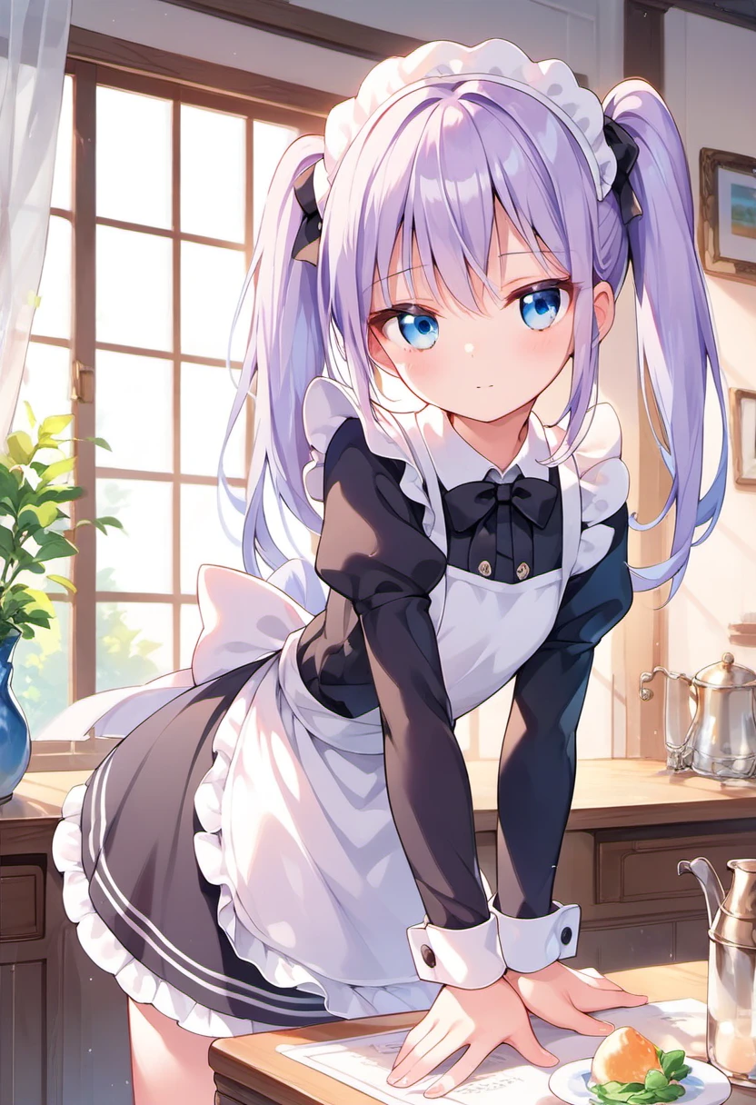 score_9, score_8_up, score_7_up, 1girl, light purple hair, blue eyes, twintails, narrowed eyes, maid, indoors, leaning forward