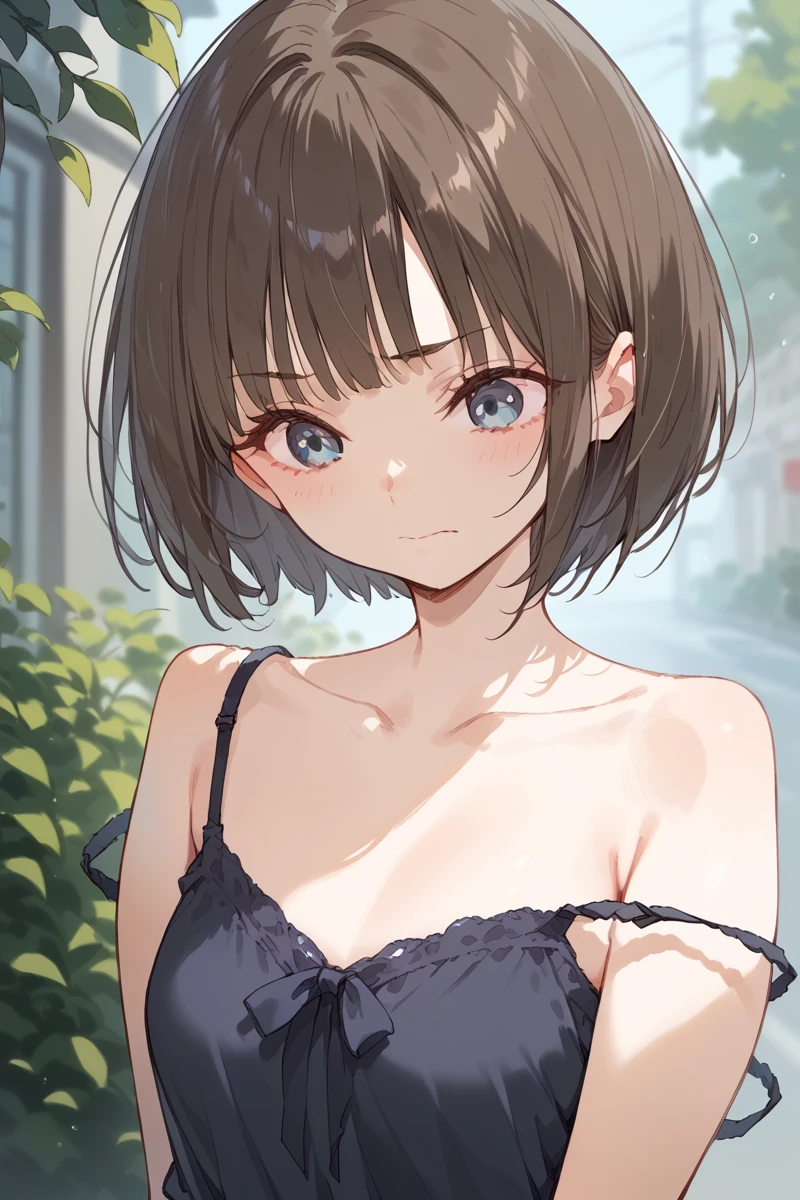 score_9, score_8_up, score_7_up, score_6_up,
 <lora:Komagawa_Uta:0.9> uta, 1girl, solo, brown hair, short hair, collarbone, upper body, strap slip, strapless, outdoors, bangs, closed mouth, blue eyes, blurry background, blurry, camisole, bob cut, envy face,