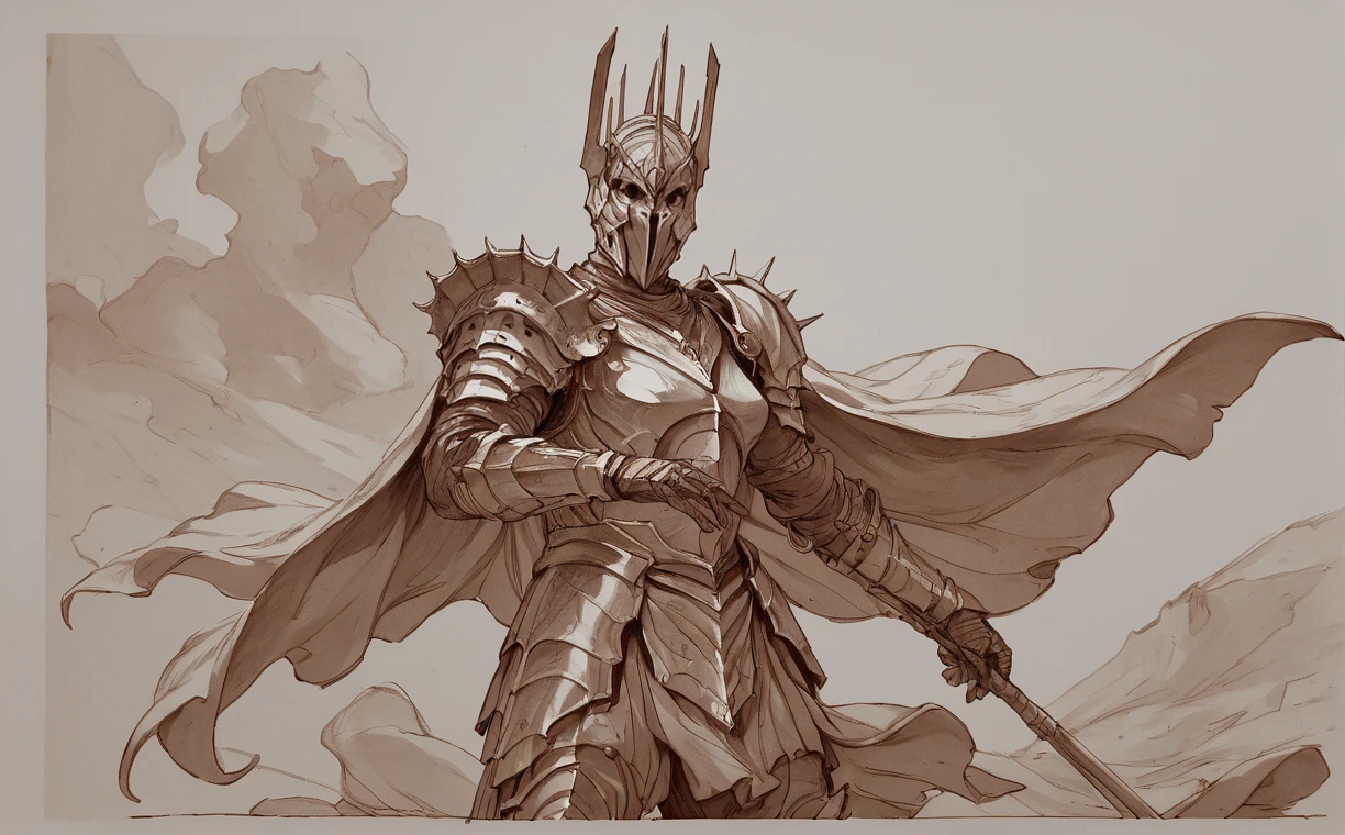 sketch <lora:AntiqueSketch:1> antique sketch, sepia., monochrome, traditional media, brown theme, orange <lora:Sauron_v2:1> sauron, armor, weapon, helmet, cape, full armor, score_9, score_8_up, score_7_up, score_6_up, score_5_up, score_4_up, BREAK