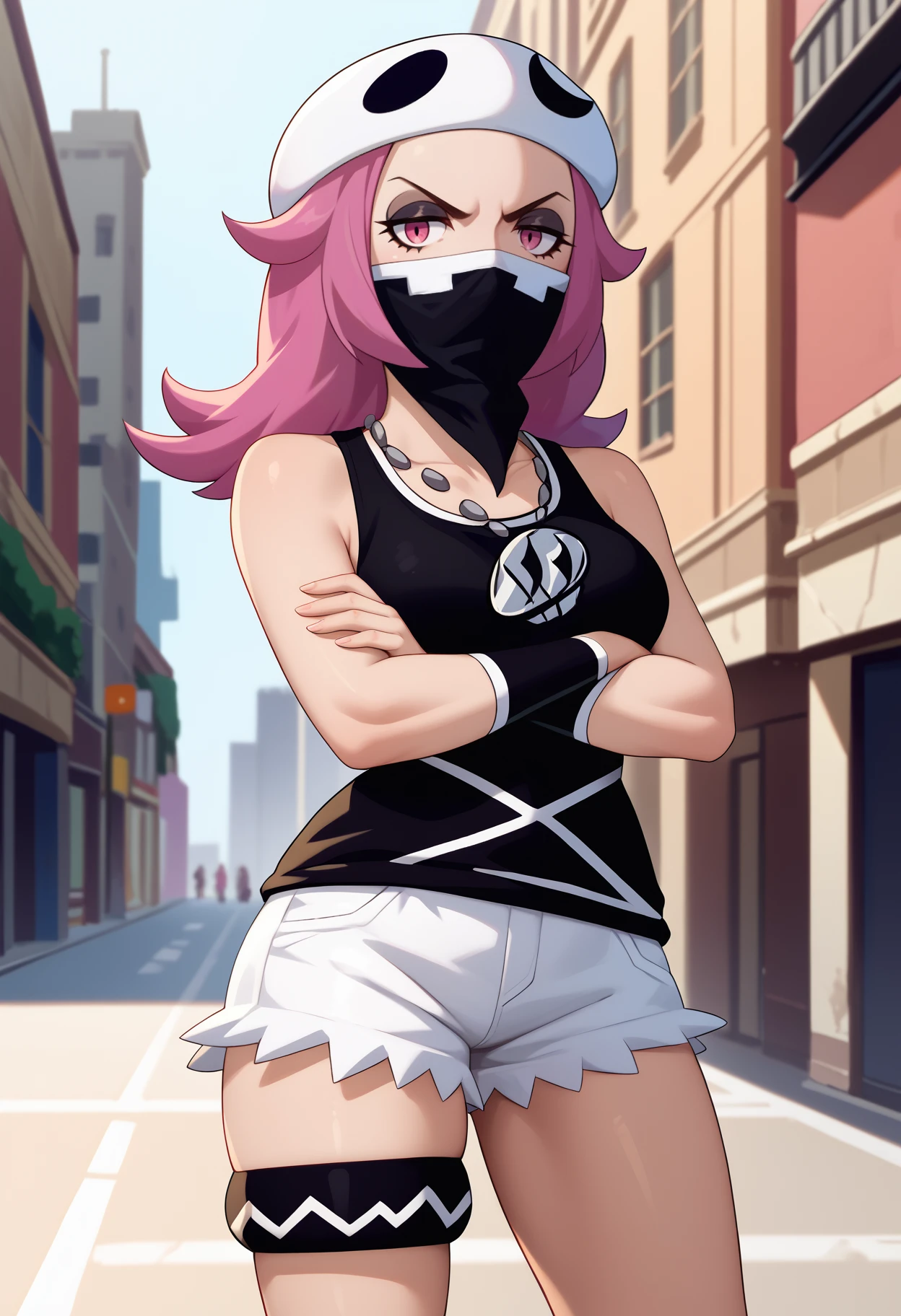 score_9, score_8_up, score_7_up, source_anime, solo, 1girl, femskullgrunt, makeup, eyeshadow, looking at you, standing, crossed arms, long hair, white headwear, hat, bandana, covered mouth, black tank top, team skull, white shorts, short shorts, thigh strap, necklace, black wristband, bare shoulders, outdoors, city <segment:yolo-face_yolov8m.pt,0.4,0.5>