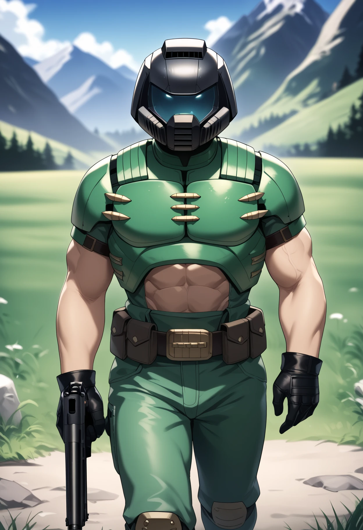 score_9, score_8_up, score_7_up, score_6_up, score_5_up, score_4_up, BREAK,
1boy, doomguy, green armor, helmet, muscular, belt, green pants, black gloves, kneepad,
holding a shotgun,
solo, outdoors, grass, blue sky, mountains background       <lora:DoomGuyXL:1>