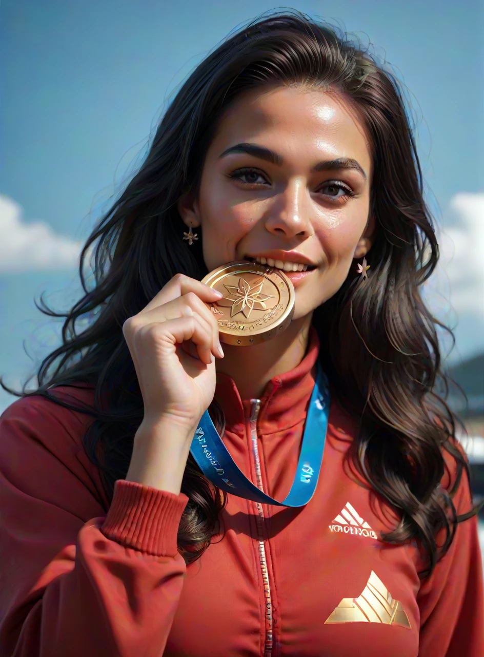 score_9, score_8_up, score_7_up, wonder woman, biting Olympic medal, holding medal, <lora:olimedbitepxl:0.9>, olimedbitepxl, 1girl, closeup, focus on face, best quality, masterpiece, red tracksuit, tiara