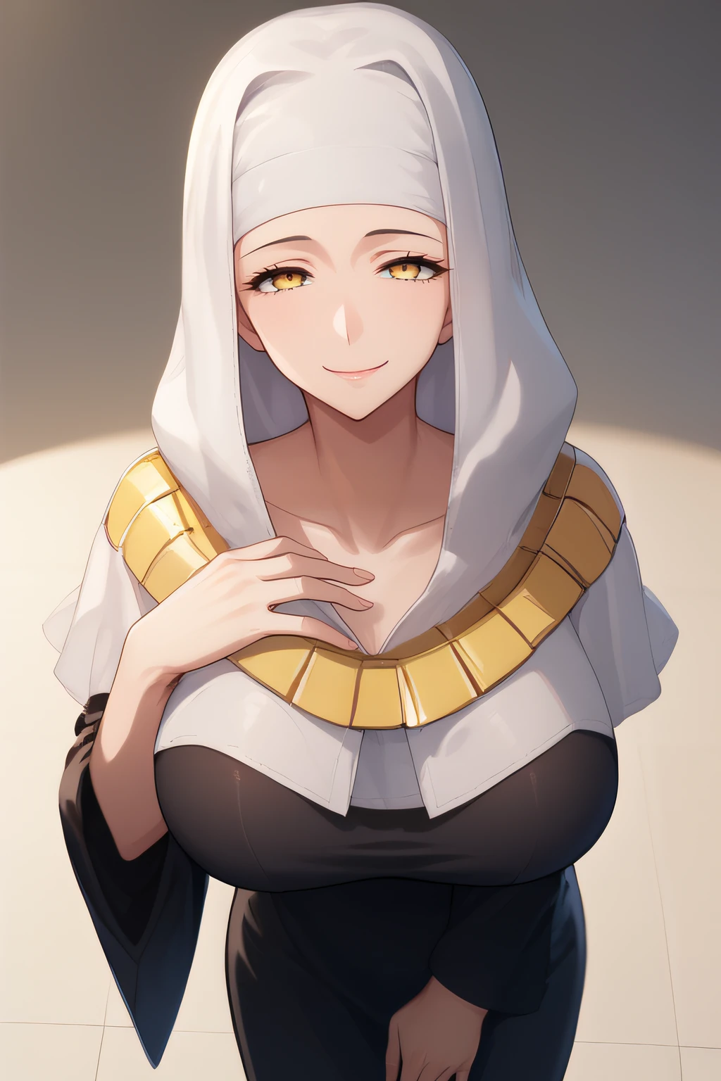 score_9, score_8_up, score_7_up, BREAK source_anime, masterpiece, best quality, ultra quality, <lora:PONY_Sessyoin_Kiara_nun:1>, kiara, yellow eyes, collarbone, jewlery, black dress, long sleeves, huge breasts, looking at viewer, simple background, upper body, wide sleeves, taut dress, naughty face, smile, five fingers, hand on own chest, from above, <lora:A_Vivid_PonyDif:1>, vividpony, indoor