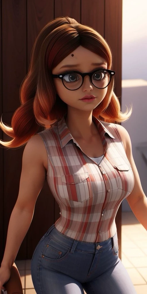 Hyperrealistic, photorealistic, super detailed, plaid shirt, gray jeans, perfect face, grayish gold eyes, black rimmed glasses with a white spot on each side, mole above her forehead, wavy and reddish-brown ombre growing slightly past her shoulders and having brilliant tangelo tips, heart-shaped lips, body like in real life, large pores, brown skinned, beautiful arms, little breasts, unreal engine, octane render, droped shadow, bokeh, cinematic lighting, Alya Cesaire, <lora:add_detail:0.5>, <lora:Volumetric_lighting:0.6> , <lora:87d2bb00-c115-49a1-a896-0eb62b77500d:0.7>