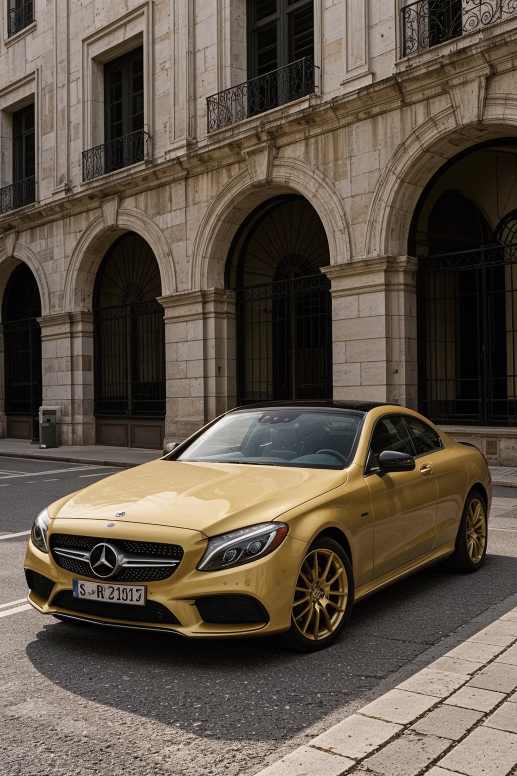 RAW photo, golden car from Mercedes-Benz with simple grille, modern headlights, and aerodynamic lines, close up view, mediterranean building with a (red terracotta) facade and arches background