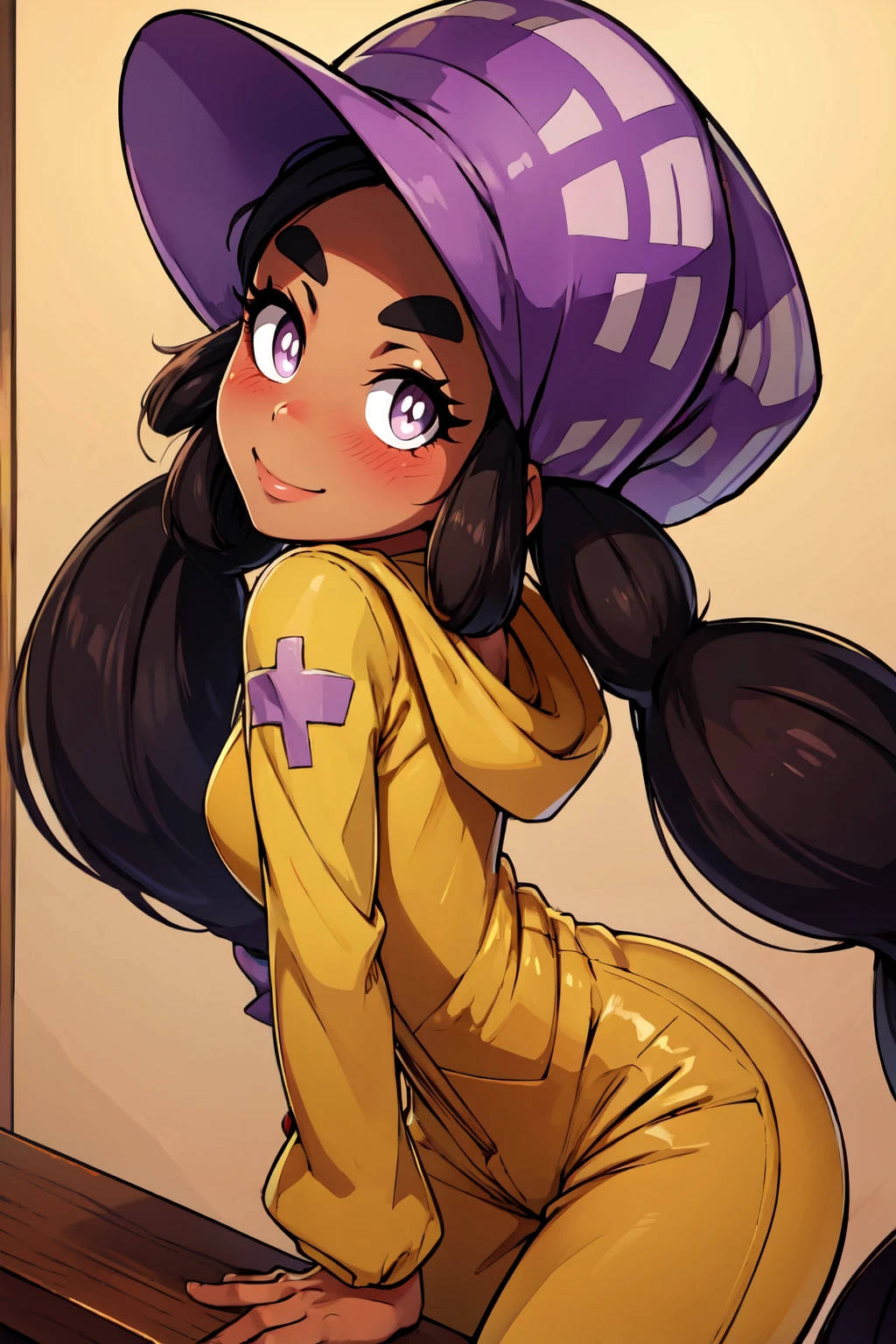 ((masterpiece,best quality)), absurdres,  BREAK, , <lora:Hapu_Pokemon:0.8>, zzHapu, long hair, black hair, twintails, thick eyebrows, dark skin, purple eyes, bright pupils, eyelashes, white pupils, purple headwear, brown jumpsuit, , BREAK, leaning forward, head tilt, blush,, BREAK, solo, smile, looking at viewer, cowboy shot,