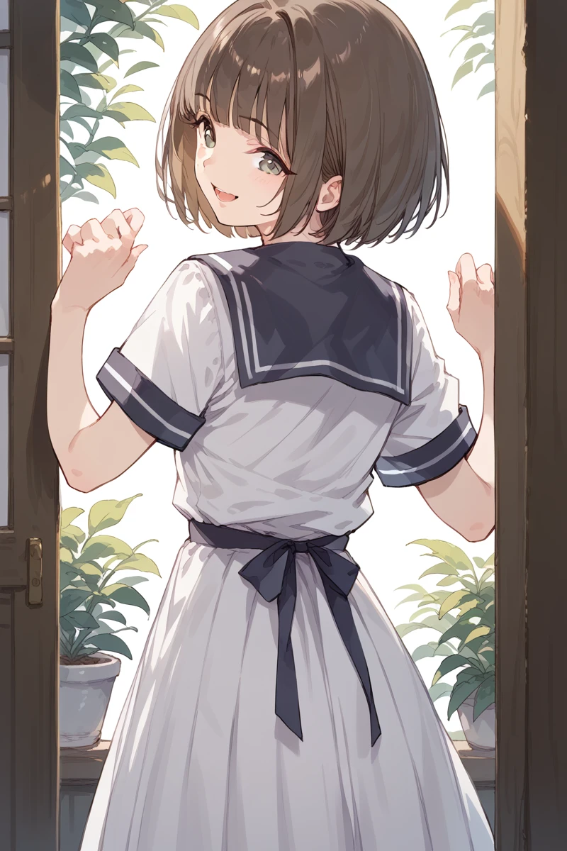 score_9, score_8_up, score_7_up, score_6_up,
 <lora:Komagawa_Uta:0.9> uta, 1girl, solo, dress, looking back, looking at viewer, brown hair, smile, from behind, bob cut, sailor collar, open mouth, short hair, short sleeves