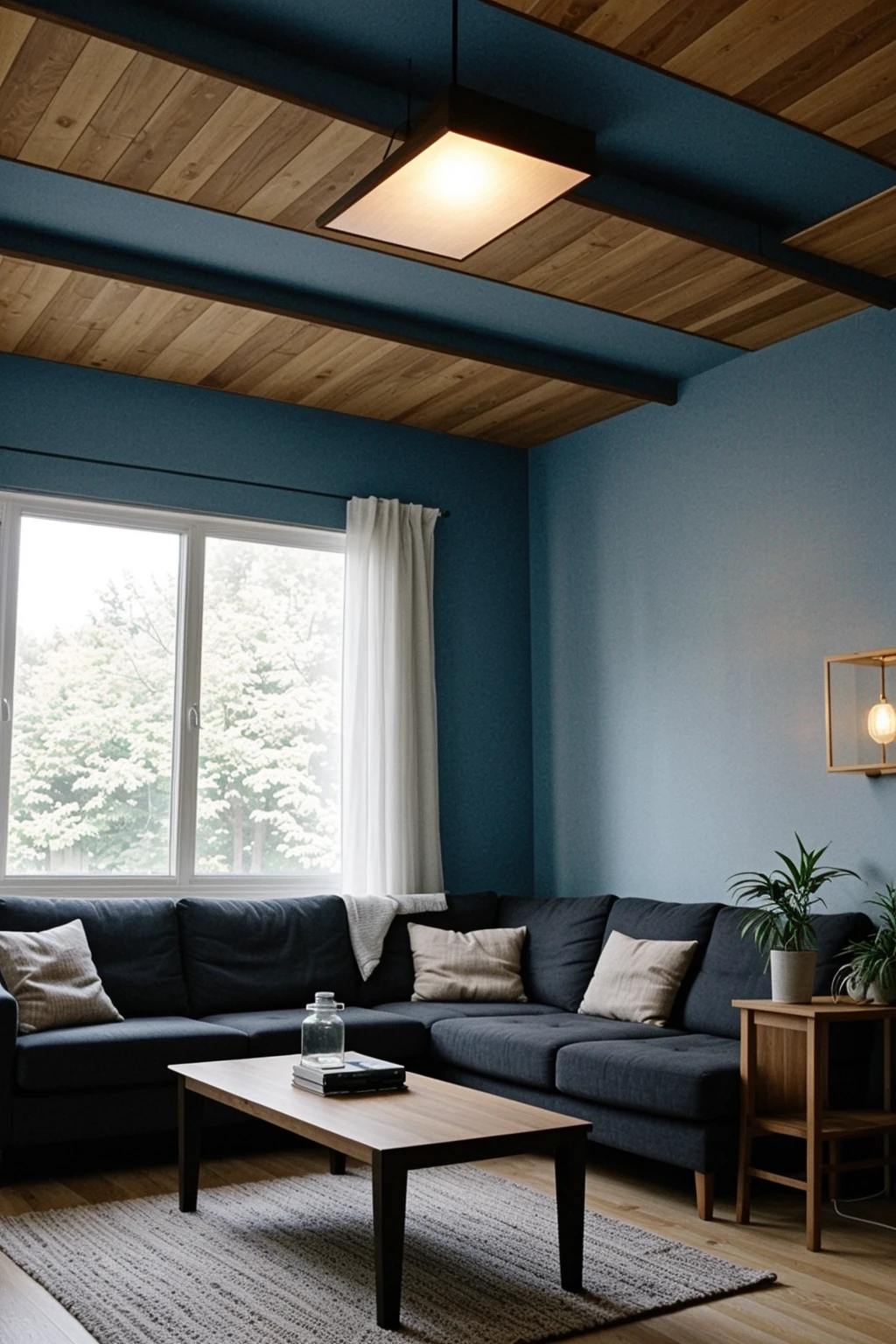 RAW photo, living room with a wooden ceiling, large modern lamp with exposed bulbs, blue textured walls, large abstract painting above a blue sofa blue sofa with assorted pillows, light wooden coffee table with a book and a cup small side table with a potted plant and a standing lamp, large window with blue curtains