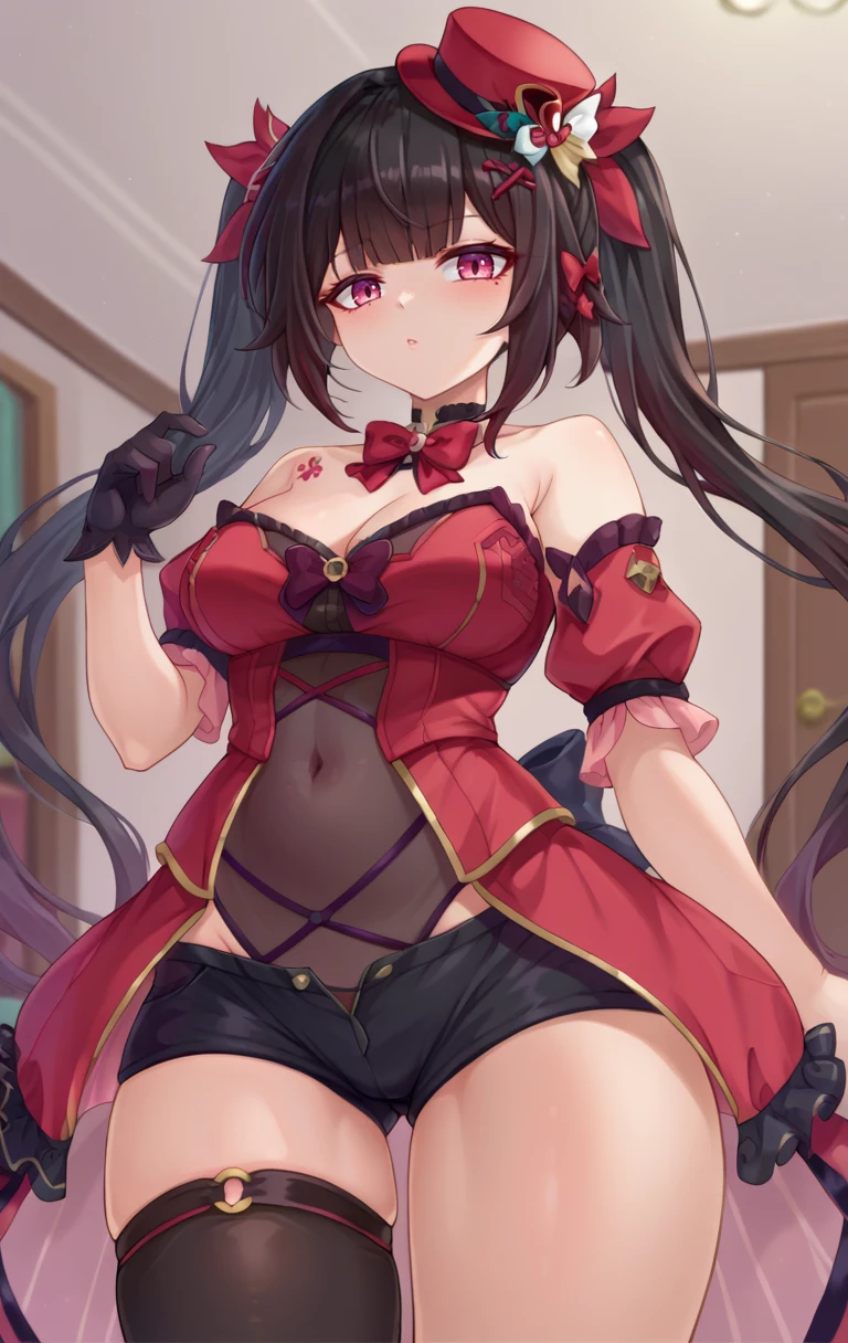 score_9,score_8_up,score_7_up BREAK <lora:sparkle:1>,sparkleSDXL,1girl,solo,long hair,black hair,hair ornament,pink eyes,thighhighs,gloves,hat,dress,bow,navel,cleavage,bare shoulders,twintails very long hair,short sleeves,hair bow,tatto,red bowtie,frills,detached sleeves,shorts,choker,black gloves,puffy sleeves,puffy short sleeves,see-through,short shorts,covered navel,skindentation,thigh strap,black shorts,red dress,single thighhigh,red headwear,asymmetrical legwear,mini hat,top hat,cowboy shot,room,room background,from below,