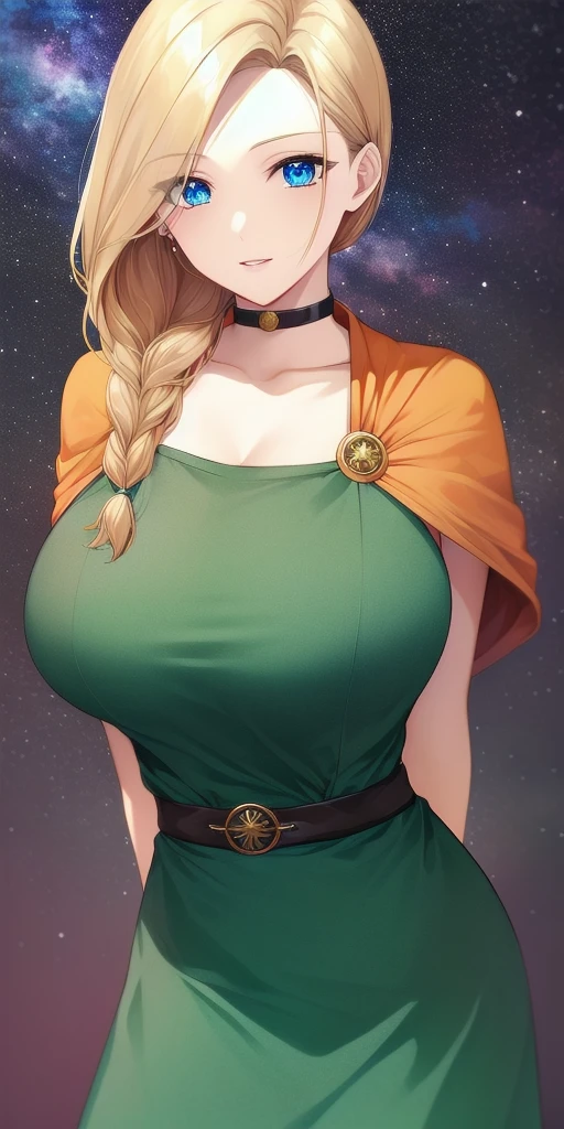 <lora:BiancaWhitakerV5:0.75> Bianca_Whitaker_single_braid, huge_breasts, standing, solo, arms_behind_back,  starry_sky, green_strapless_short_dress_orange_cape_belt_choker, masterpiece, best_quality, detailed_face, detailed_eyes, highres, beautiful, detailed, absurdres,