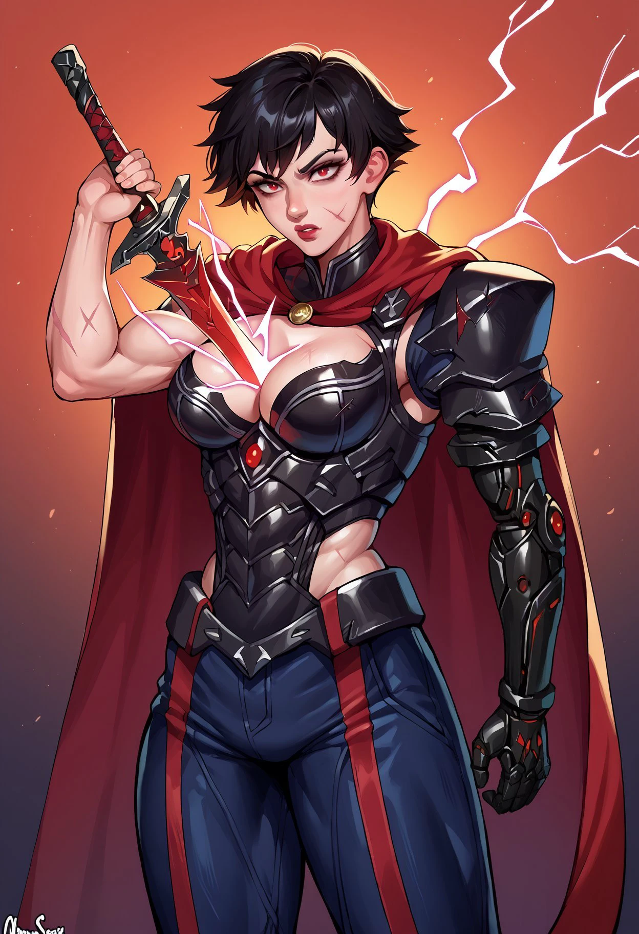 score_9, score_8_up, score_7_up, score_6_up BREAK, human scabbard, holding, holding weapon, holding sword, electricity, cleavage, 1girl, (muscular female:0.8), short hair, black hair, streaker hair, prosthetic arm, red eyes, scars, armor, cape, science fiction <lora:Elizabeth_Blythe_Subverse_PDXL:0.7> <lora:Lunas-AromaSensei-SDXL-B1:0.8> <lora:HumanScabbardV2_XLPD:1>