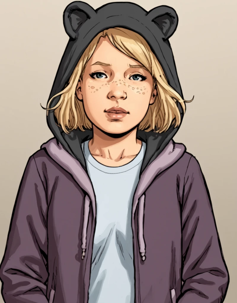 <lora:TWD_Comics_Sophia_Grimes:1> Sophia-Grimes, short hair, blonde hair, freckles, jacket, animal hood,