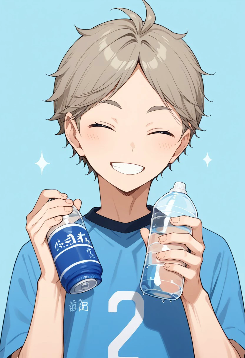 score_9, score_8_up, score_7_up, source_anime, rating_safe, holding bottle, Kosaikyu, 1boy, male focus, closed eyes, teeth, smile, blush, water bottle, looking at viewer, hands with five fingers, simple light blue background, cute wallpaper