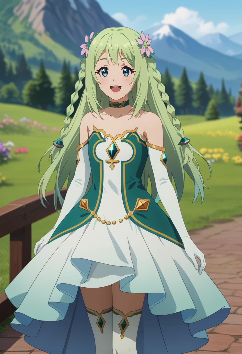 score_7_up, anime screencap,
<lora:PrincessConnect_ChikaXL:0.9>,
1girl, solo, open mouth, smile,
long hair, light green hair, twin braids, blue eyes, hair flower,
Chika, green choker, multicolored dress, bare shoulders, white dress, green dress, gold trim, green gemstone, white gloves, white thighhighs,
standing, looking at viewer,
blurry background, mountains, scenery