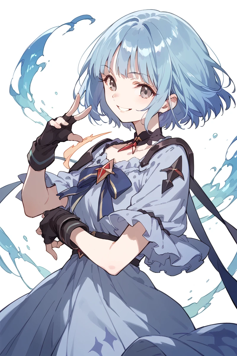 score_9, score_8_up, score_7_up, score_6_up,
 <lora:Komagawa_Uta:0.9> uta, uta, 1girl, solo, smile, short hair, fingerless gloves, looking at viewer, blue hair, dress, grey eyes, reflector