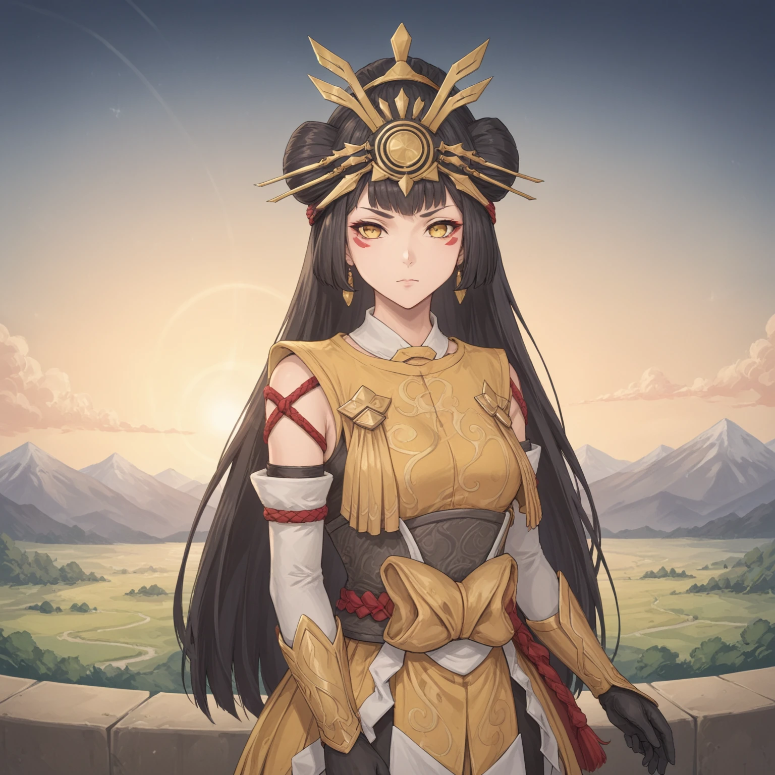 source_anime, BREAK, 8k,masterpiece, 1girl, solo, landscape background, cloud, <lora:KirikoAmaterasu:0.5>, Kiriko(Amaterasu), black hair, yellow eyes, long hair, armor, gloves,(hair ornament:1.3), shining ornament, earrings,  non-circular lens flare,  <lora:sese:0.45>, high detailed face, upperbody, hanging arms,, score_9, score_8_up,