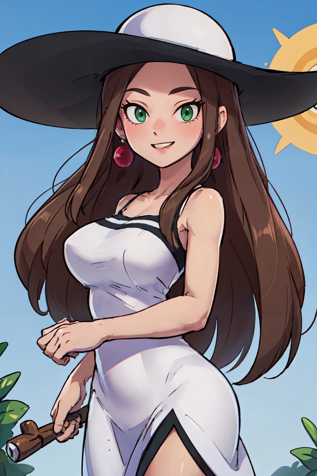 ((masterpiece,best quality)), absurdres,  BREAK, , <lora:Beauty_Pokemon:0.8>, zzBeauty, brown hair, long hair, green eyes, earrings, large breasts, white sun hat, white dress, , BREAK, side view, hip to the side, contrapposto,, BREAK, solo, smile, looking at viewer, cowboy shot,