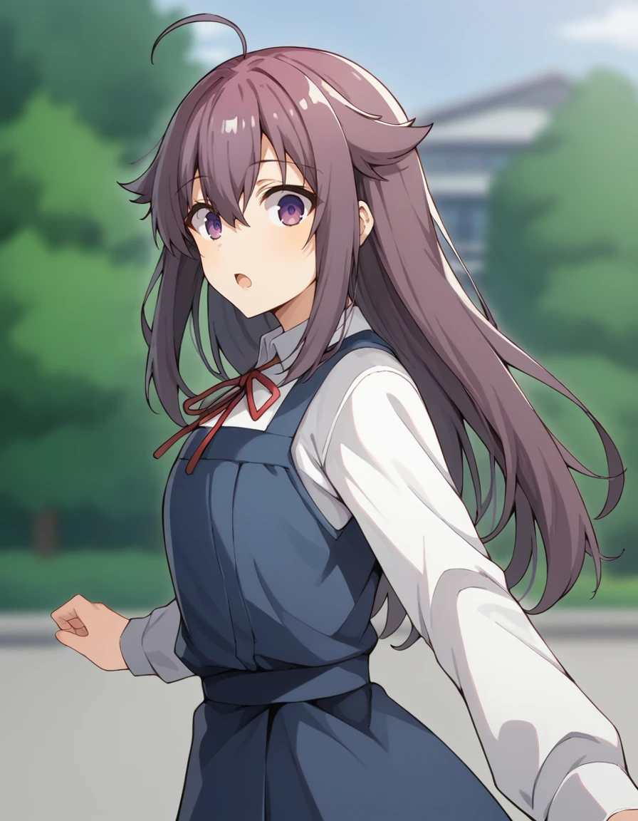 score_9, score_8_up, score_7_up, source_anime, BREAK
1girl, solo, looking at viewer, cowboy shot, blurry background, outdoors, from side, surprised,
anko koshi, long hair, hair flaps, ahoge, hair between eyes, purple eyes,
school uniform middle, white collared shirt, red neck ribbon, long sleeves, blue pinafore dress, white socks, loafers,
<lora:anko_koshi_anime-soralz:0.8>,