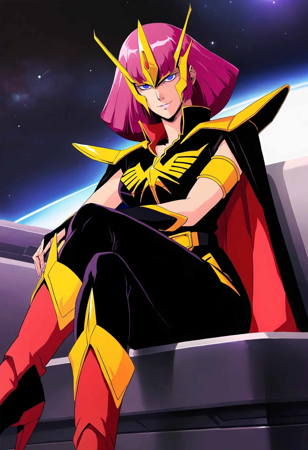 score_9, score_8_up, score_7_up, score_6_up, source_anime, <lora:HamanKarn:0.7>, HamanKarnZZ, pink hair, short hair, blue eyes, empty eyes, blunt bangs, 
mask, shoulder armor, uniform, sleeveless, cape, armlet, bridal gauntlets, black leggings, belt, red high heel boots,
looking at viewer, smile, sitting, crossed legs,
BREAK, space, indoors,