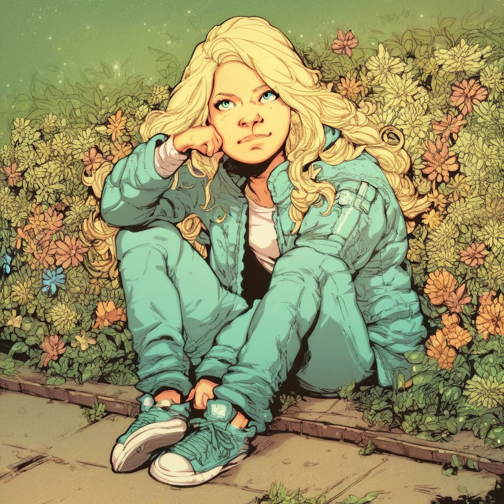 score_9, score_8_up, score_7_up, Sophia-Grimes, TWD-Comics, 1girl, solo, long hair, blonde hair, sitting, jacket, flower, shoes, sneakers, sensitive