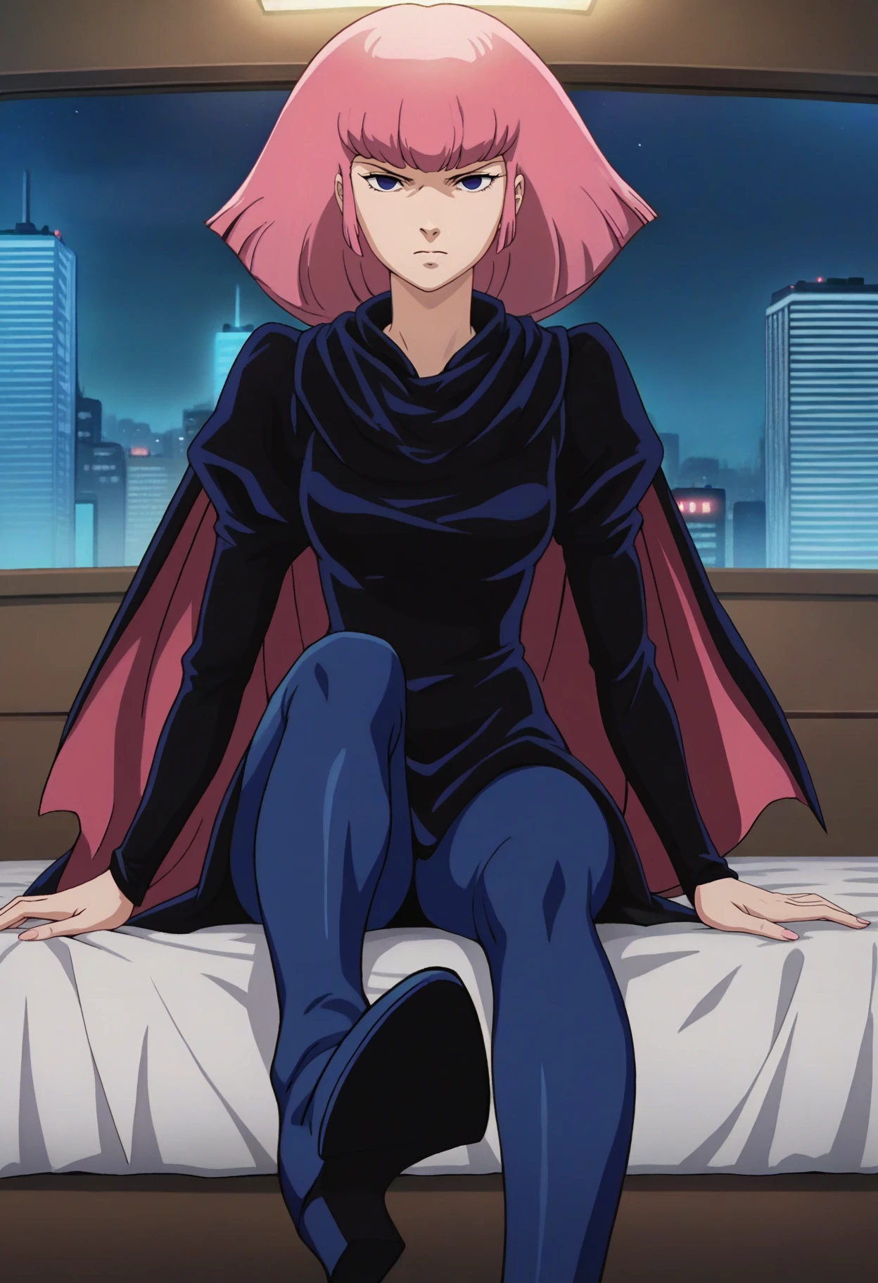 score_9, score_8_up, score_7_up, score_6_up, source_anime, <lora:HamanKarn:0.7>, HamanKarnDEF, pink hair, short hair, blue eyes, empty eyes, blunt bangs,
blue dress, puffy sleeves, cape, blue leggings, blue high heel boots,
looking at viewer, serious, sitting, pov, foot focus, outstretched foot, solo,
BREAK, night sky, night, cityscape, indoors, bed, dim lighting,