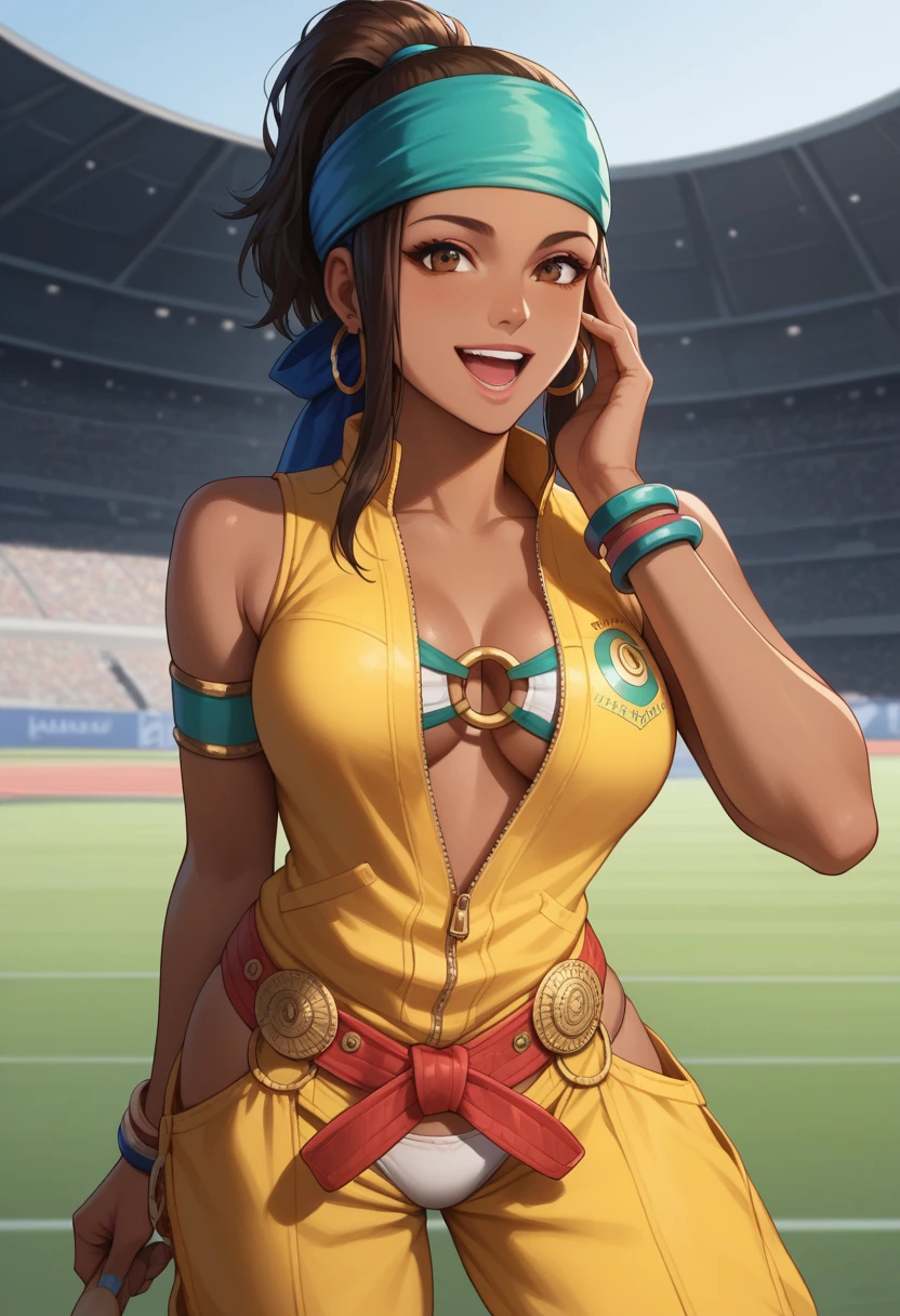 score_9, score_8_up, score_7_up, score_6_up, source_anime BREAK <lora:ZarinaKOF:0.9>, ZarinaKOF, dark-skinned female, brown hair, hoop earrings, high ponytail,  headband, yellow sleeveless vest, o-ring, yellow chaps, white panties, armlets, hand on own face, smile, looking at viewer, open mouth,  stadium,