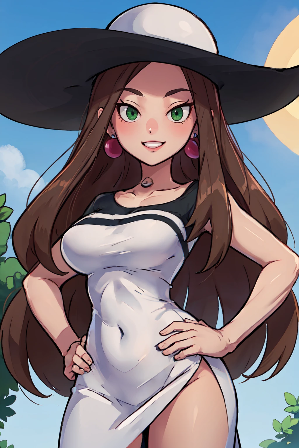 ((masterpiece,best quality)), absurdres,  BREAK, , <lora:Beauty_Pokemon:0.8>, zzBeauty, brown hair, long hair, green eyes, earrings, large breasts, white sun hat, white dress, , BREAK, hip to the side, hand on hip, contrapposto,, BREAK, solo, smile, looking at viewer, cowboy shot,