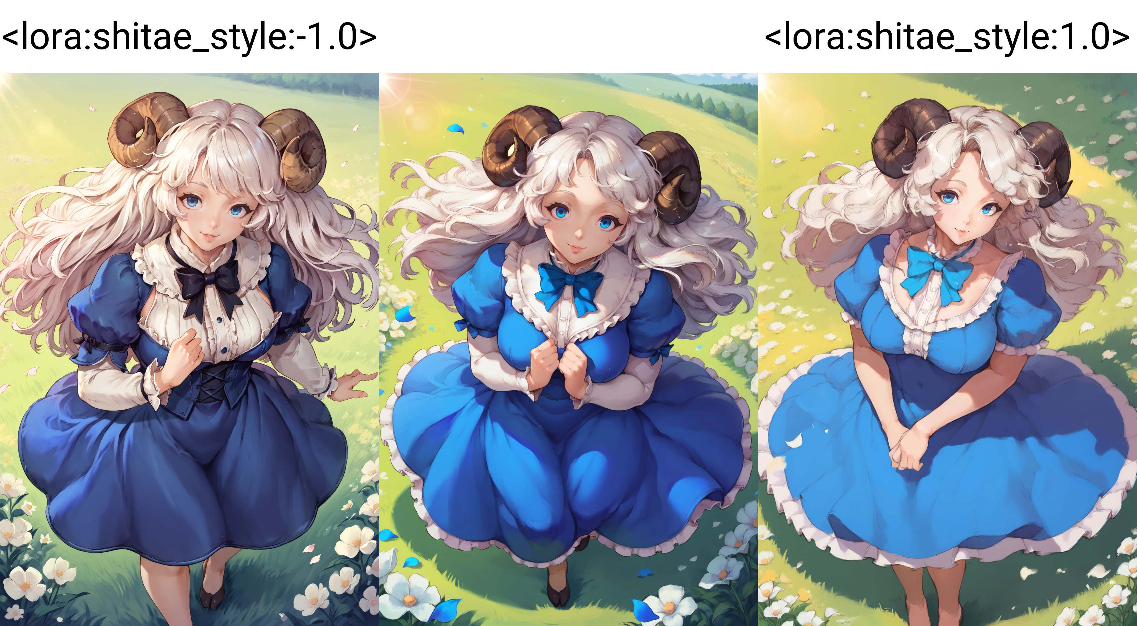 solo,outdoors,field,flowers,sunbeam,sheep girl,neck tuft,white hair,sheep horns,blue eyes,blue dress,frills,puffy sleeves,ribbons,bowtie,long hair,lens flare,from above,happy,wind,petals,mature female,milf
BREAK
score_9, score_8_up, score_7_up , source_anime, <lora:shitae_style:-1.0>