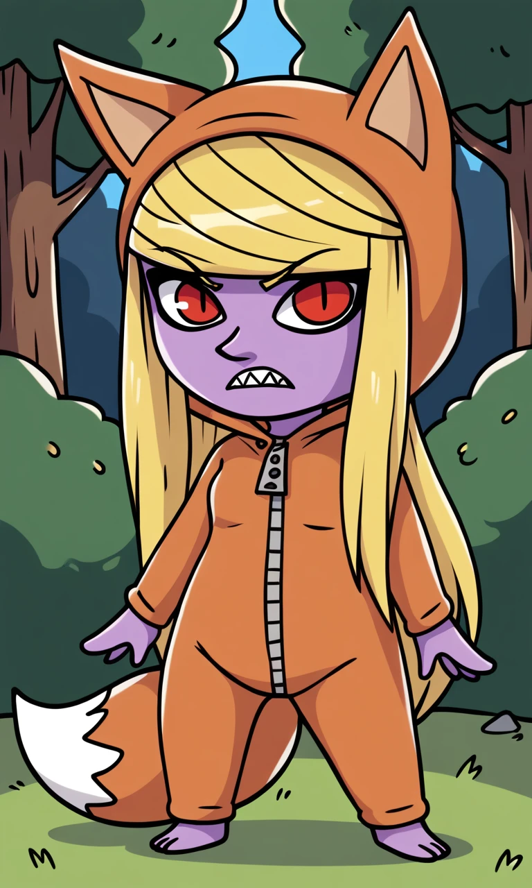 score_9, score_8_up, score_7_up, score_6_up, score_5_up, score_4_up, JennyFox, sharp teeth, red eyes, purple skin, colored skin, blonde hair, onesie, fox tail, fox ears, pointy nose, long hair, hood, slit pupils, 1girl, solo, outdoors, chibi:0.2