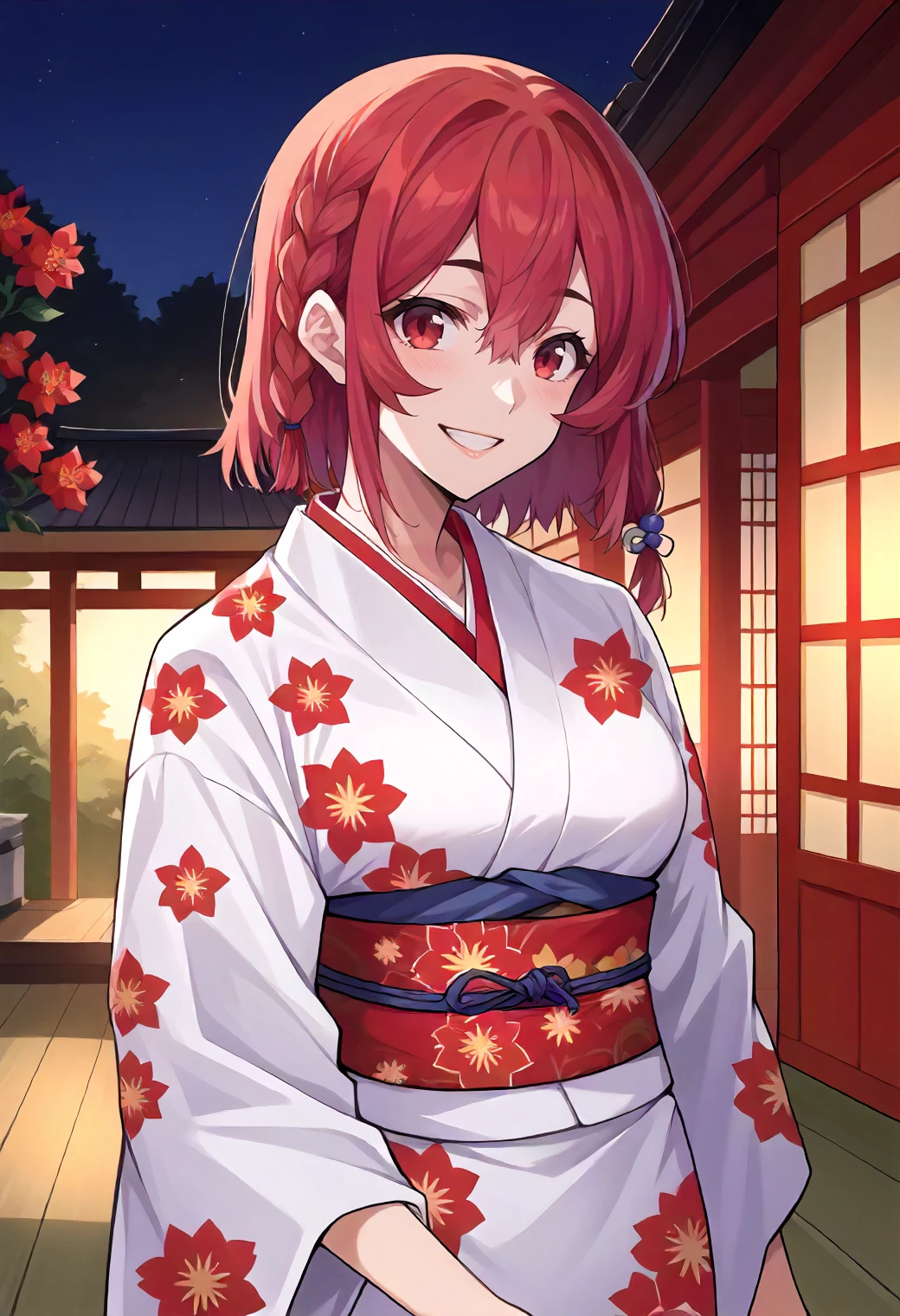 score_9, score_6_up, source_anime, 1girl, solo, japanese shrine, sumi, medium hair, red hair, red eyes, side braid, white kimono, floral print, red flowers, print kimono, smile<lora:rent_a_girlfriend_XL:1>