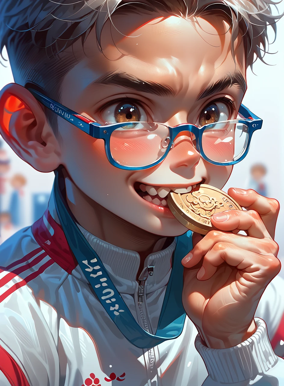 score_9, score_8_up, score_7_up, a cute boy biting a silver Olympic medal, <lora:olimedbitepxl:0.8>, olimedbitepxl, 1boy, closeup, focus on face, best quality, masterpiece, adorable, anime, cartoon, 2d, olympics, glasses, chibi