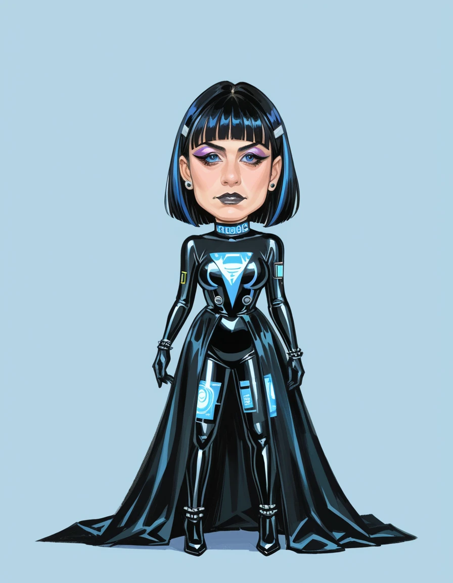 score_9, score_8_up, score_7_up, score_6_up, score_5_up, score_4_up, 1girl, Futuristic Noir Gala, Bold, ((Edgy)), Mysterious, ((wearing a Latex ballgown)), glossy (black), high-collar, asymmetrical hem, Vanguard, Visionary, angular bob hairstyle, holographic choker.,  <lora:hud_c4ric4ture_Styl_XLP:0.8>, hud_c4ric4ture_Styl, chibi