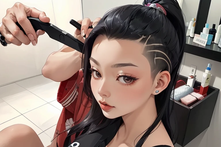 (masterpiece, high quality, best quality:1.2), ultradetailed, 8k, 1girl, ((female 24 years old Evelyn Johnson getting an sideshave <lora:sideshaveundercut:0.6> )),  (Asian Fusion hair salon)