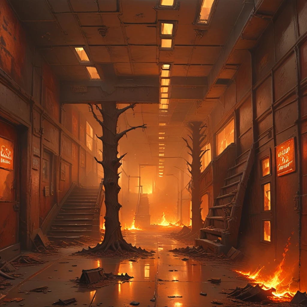 sunlight, fire, scenery, smog, bare tree, truck, fog, indoors, skyscraper, hell, orange, crack, stairs, solo, utility pole, brown theme, 1other, motor vehicle, brown, molten rock, road sign, no humans, cave, dust, destruction, sign, 1boy, arch, industrial pipe, bird, door, cloudy sky