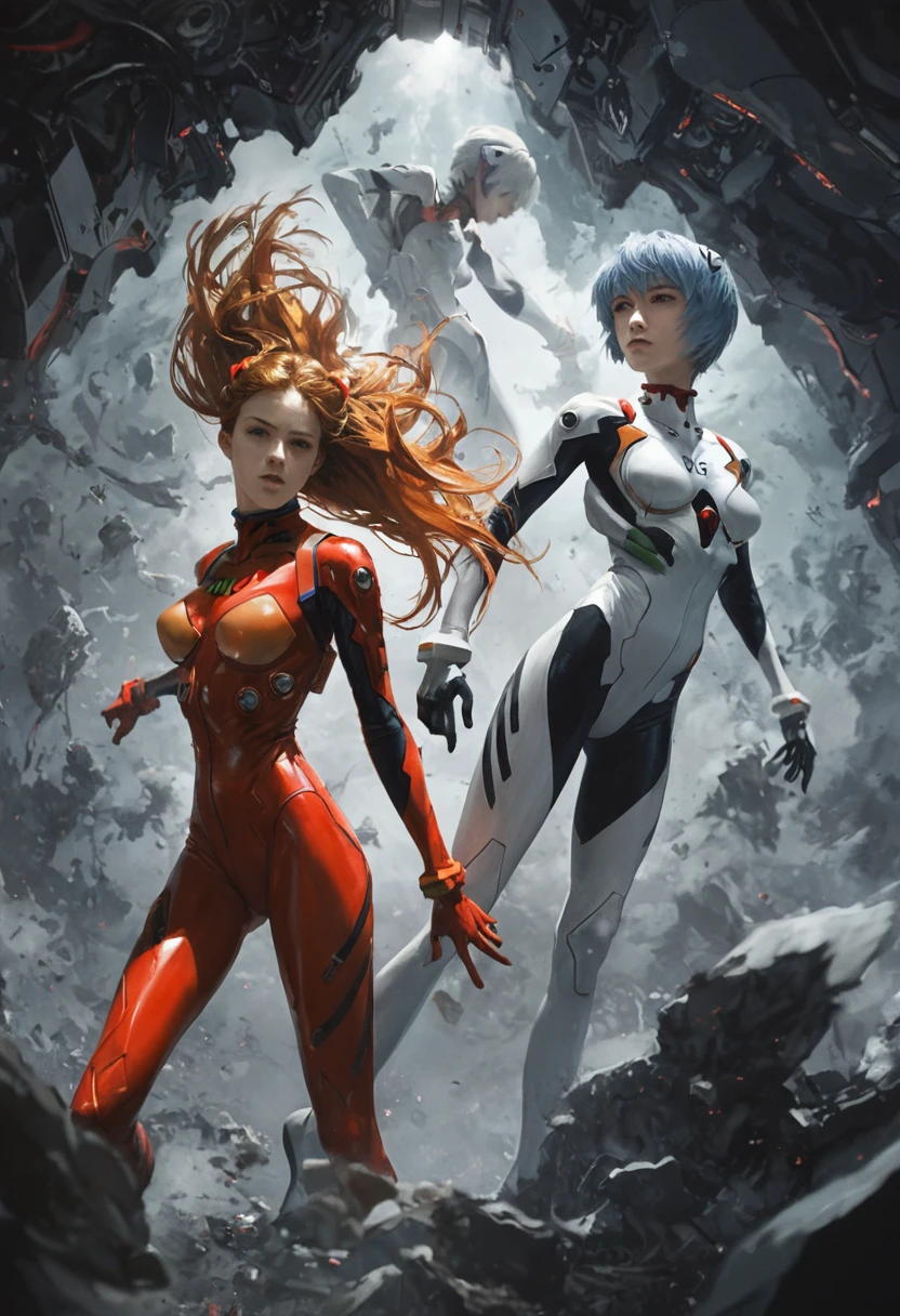 score_9, score_8_up, score_7_up, 2girls, ayanami rei and Asuka Shikinami Langley,  neon genesis evangelion, Plugsuit, scifi industrial background , action scene, dutch angle, cinematic film still photography