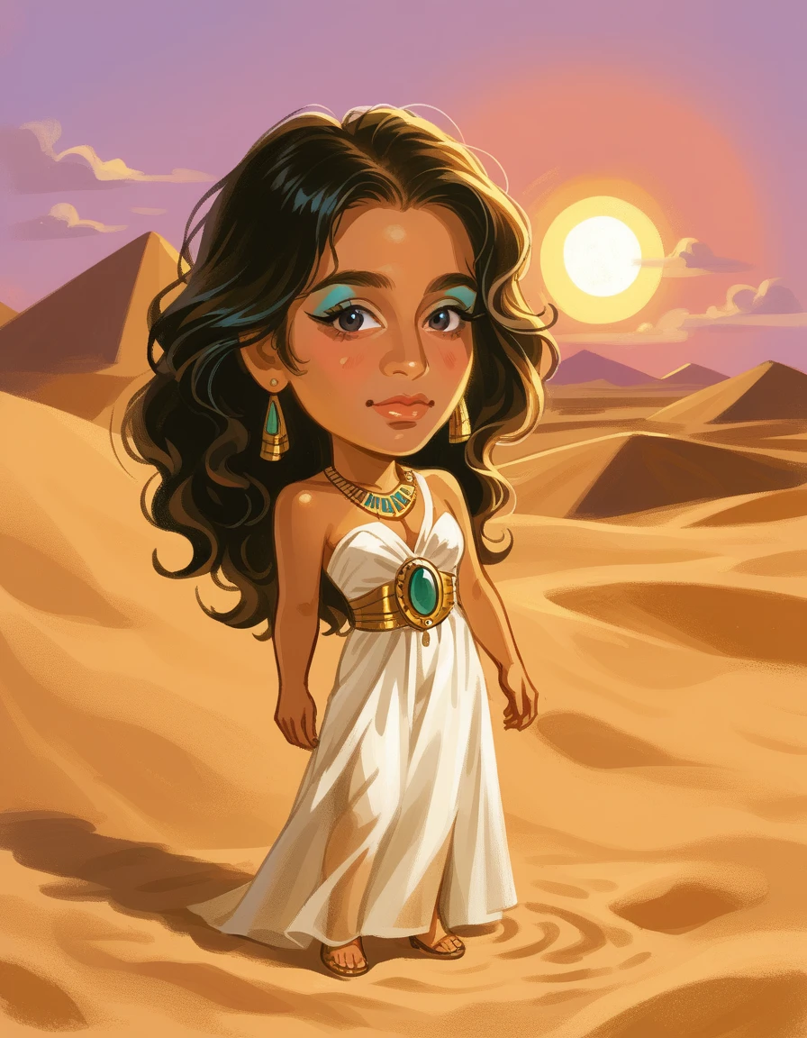 score_9, score_8_up, score_7_up, score_6_up, score_5_up, score_4_up, 1girl, Desert Oasis Ceremony, Radiant, ((Warm)), Intimate, ((wearing a Satin ballgown)), oasis (turquoise), draped silhouette, Desert Queen, Dreamer, loose sun-kissed waves, golden sand pendant.,  <lora:hud_c4ric4ture_Styl_XLP:0.8>, hud_c4ric4ture_Styl, chibi