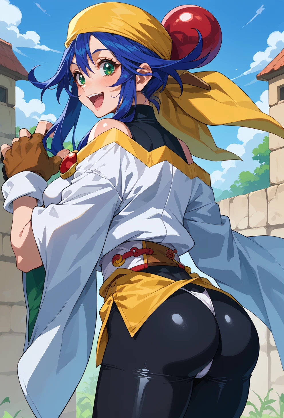 score_9, score_7_up, source_anime, BREAK <lora:AELime:1> AELime, blue hair, green eyes, long hair, bandana, bike shorts, fingerless gloves, skin tight, spandex, yellow headwear, panties, smile, open mouth, twisted torso, ass, breasts, arched back, thong,