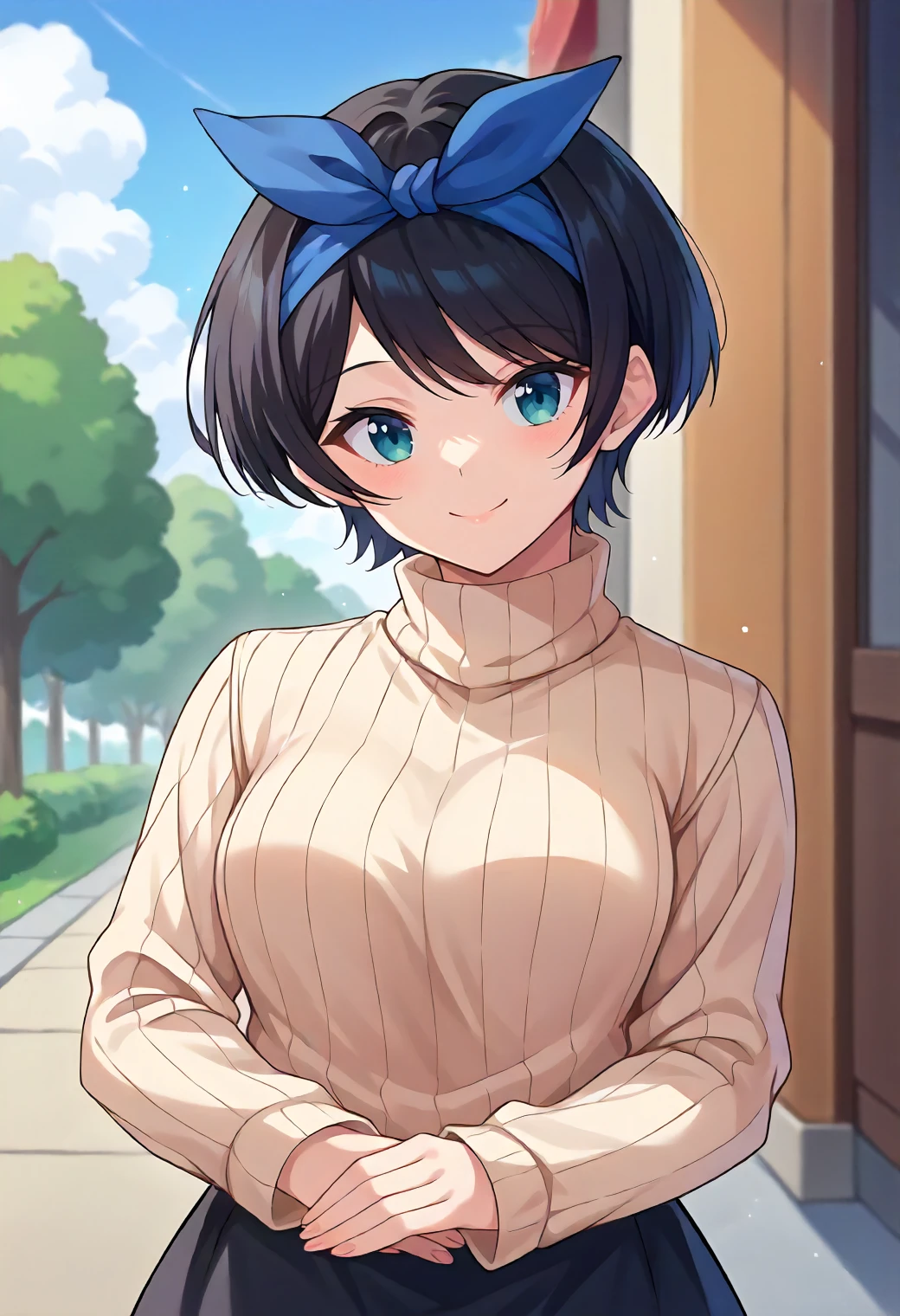 score_9, score_6_up, source_anime, 1girl, solo, outdoors, cowboy shot, ruka, short hair, black hair, blue hairband, blue bow, blue eyes, cream sweater, turtleneck, vertical stripes, long sleeves, black skirt, miniskirt, smile <lora:rent_a_girlfriend_XL:1>