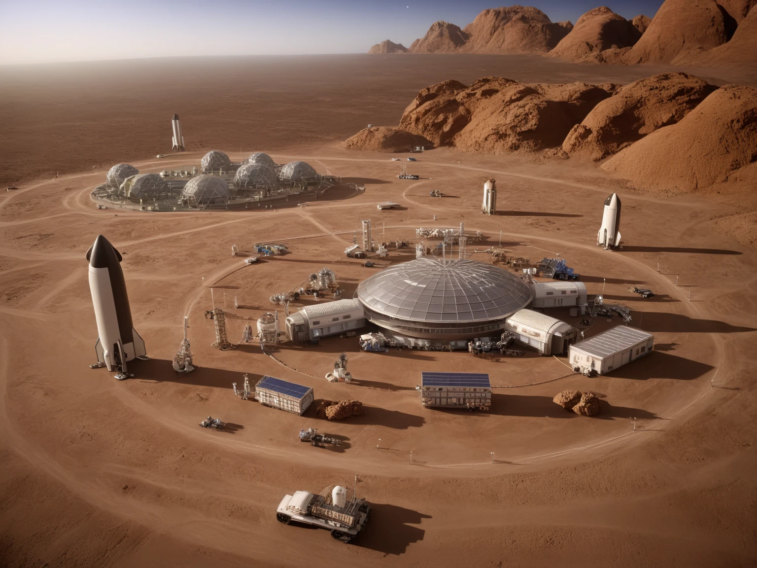 <lora:JJsMarsColony_XL:1> ,((Mars Colony)), outspace, building, ground vehicle,  rocket, astronaut, space ship, stars, rock, sand, masterpiece , best quality, high quality,outdoors, roof, road,  scenery,real world location, enough detail, high resolution, , super realistic, Photorealistic, city, RAW photo, subject,