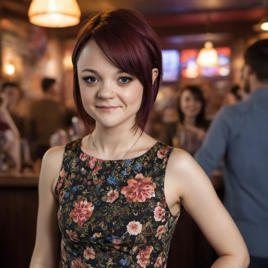 a professional absurdres hyper-detailed sharp focus photograph of 1woman 
Kathryn_Prescott with a gentle smile wearing a tight short floral print dress
Short pixie-hair 
Standing at crowded bar with karaoke in the background 
Petite female body full-length with mischief in her eyes
view from Behind
<lora:Kathryn_Prescott-SDXLe12:1.0>