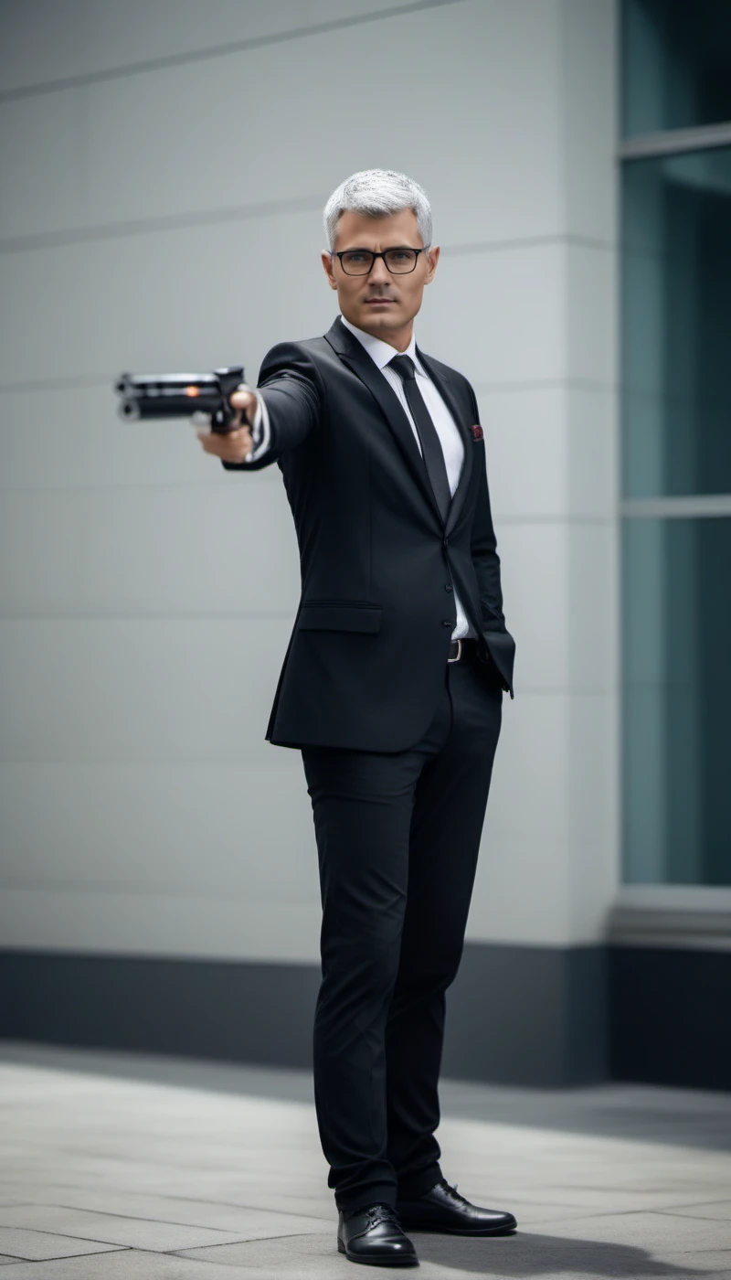 cinematic photo cinematic photo a full body portrait of man, glasses, short grey hair,   detailed eyes, detailed skin, black suit and tie, holds a gun, hand in pants pocket<lora:YusufDikec1024:0.8> . 35mm photograph, film, bokeh, professional, 4k, highly detailed . 35mm photograph, film, bokeh, professional, 4k, highly detailed